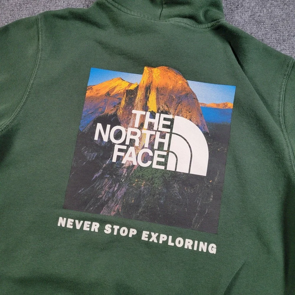 The North Face Hoodie Mens Small Green‎ Pullover Fleece Sweatshirt Graphic Back